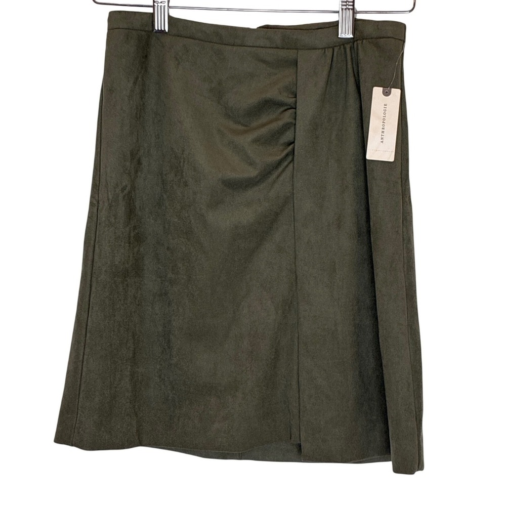 Anthropologie Faux Suede Ruched Mini Skirt Olive Green High Waist Wrap NWT Sz 2